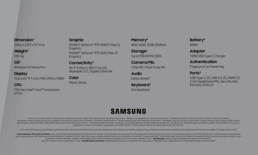 Galaxy Book Odyssey Specifications