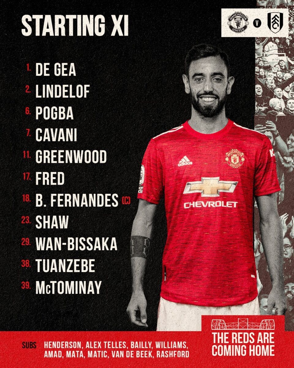 11 ผู้เล่นตัวจริง แมนฯ ยูไนเต็ด ปะทะ ฟูแล่ม