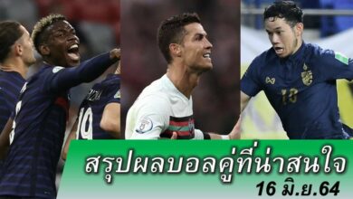 สรุปผลบอล คู่ที่น่าสนใจ ทุกสนาม 16 มิย.64