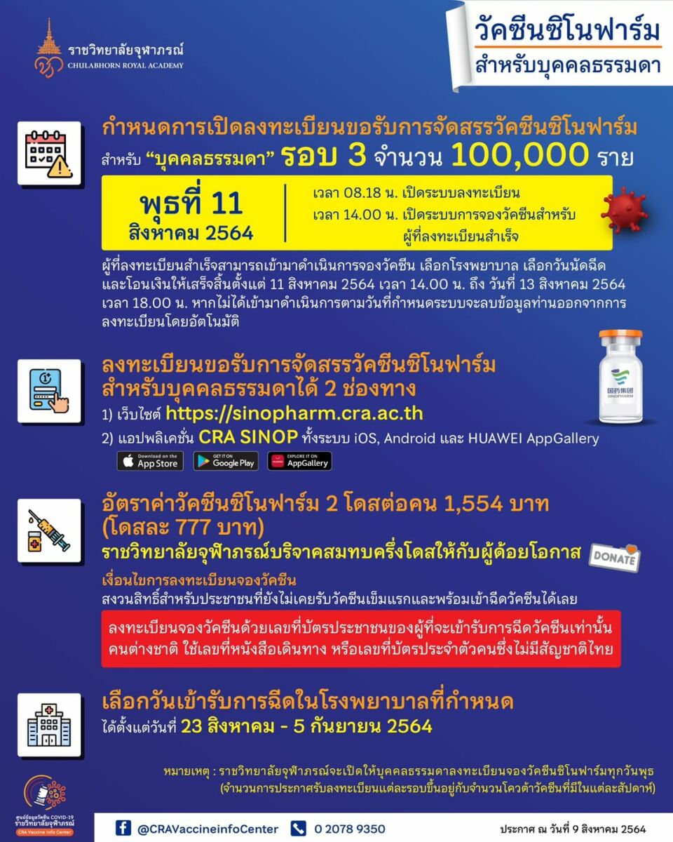ลงทะเบียนฉีดวัคซีนซิโนฟาร์ม ราชวิทยาลัยจุฬาภรณ์