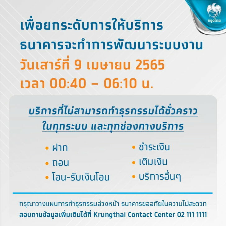 ธนาคารกรุงไทย แอพธนาคารปิดปรับปรุง