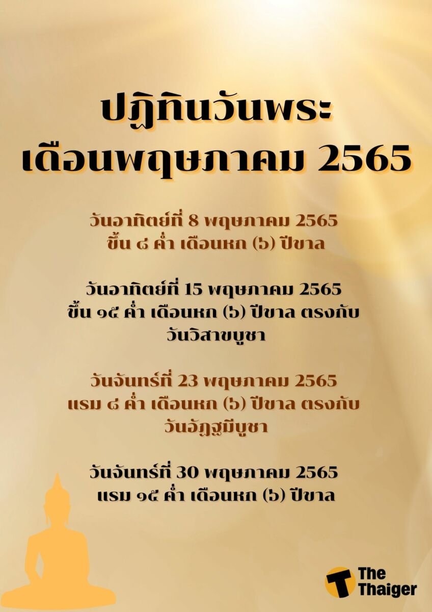 ปฏิทินวันพระเดือนพฤษภาคม 2565 วันพระประจำเดือนพฤษภาคม ตรงกับวันอะไรบ้าง