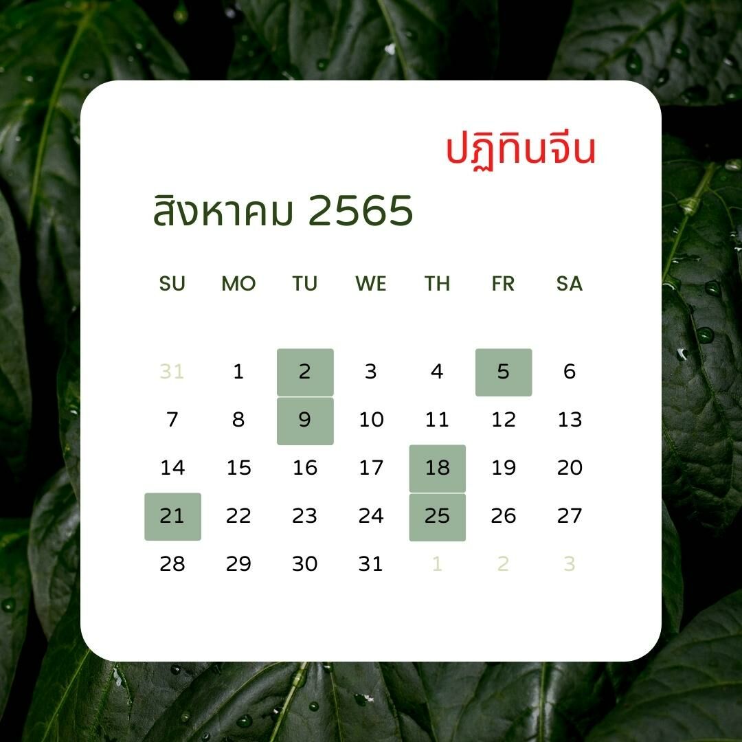 ปฏิทินวันธงชัยเดือนสิงหาคม 2565