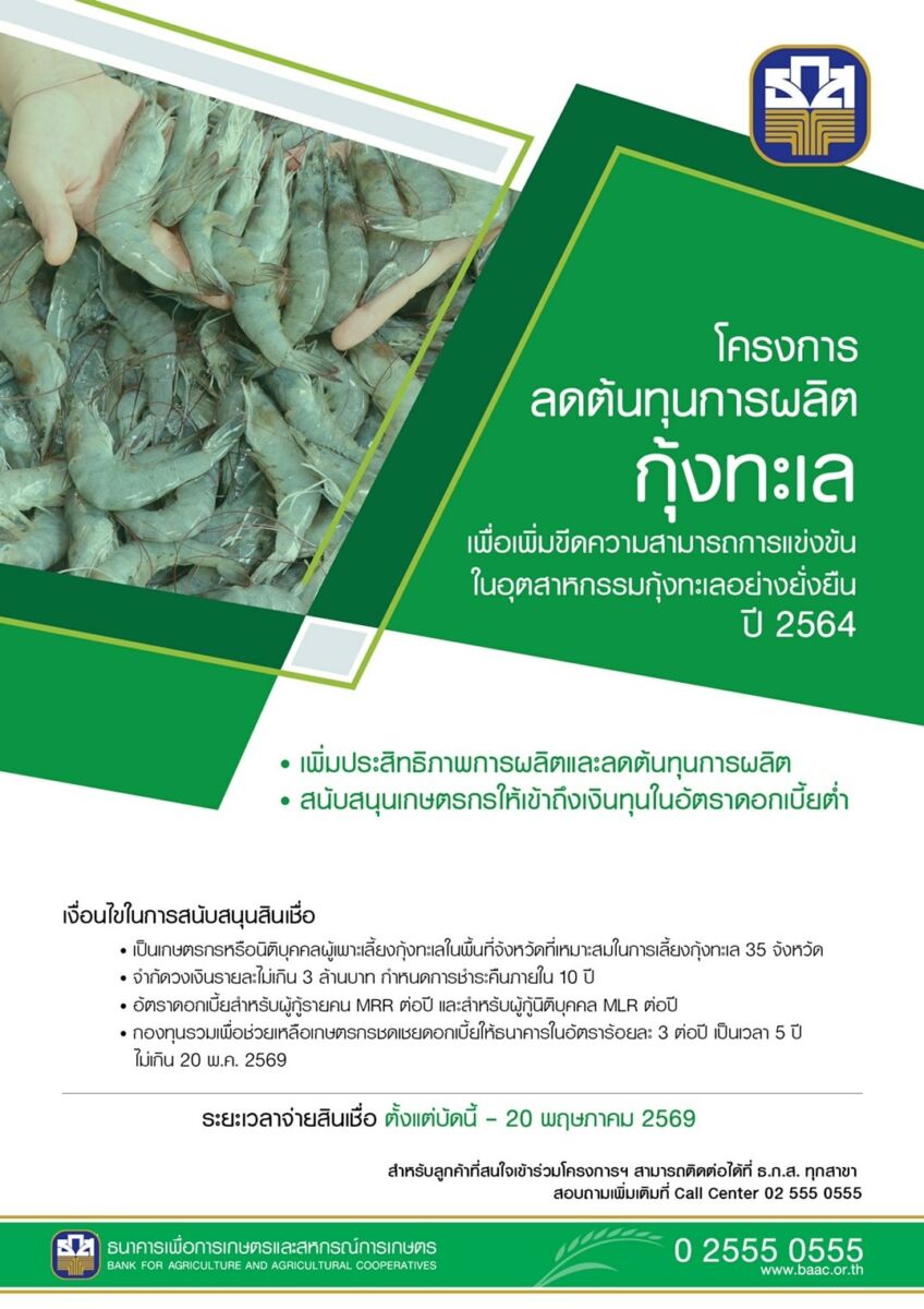 ธ.ก.ส. มาตรการช่วยเหลือ เกษตรกรผู้เลี้ยงกุ้ง
