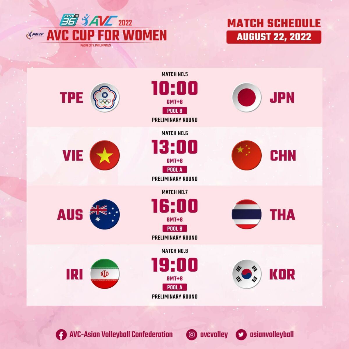 วอลเลย์บอลหญิง AVC ตารางแข่งวันที่ 22 สิงหาคม 2565