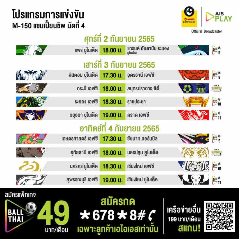 ตารางแข่งขัน ไทยลีก2 M-150 แชมเปี้ยนชิพ สัปดาห์ที่สี่