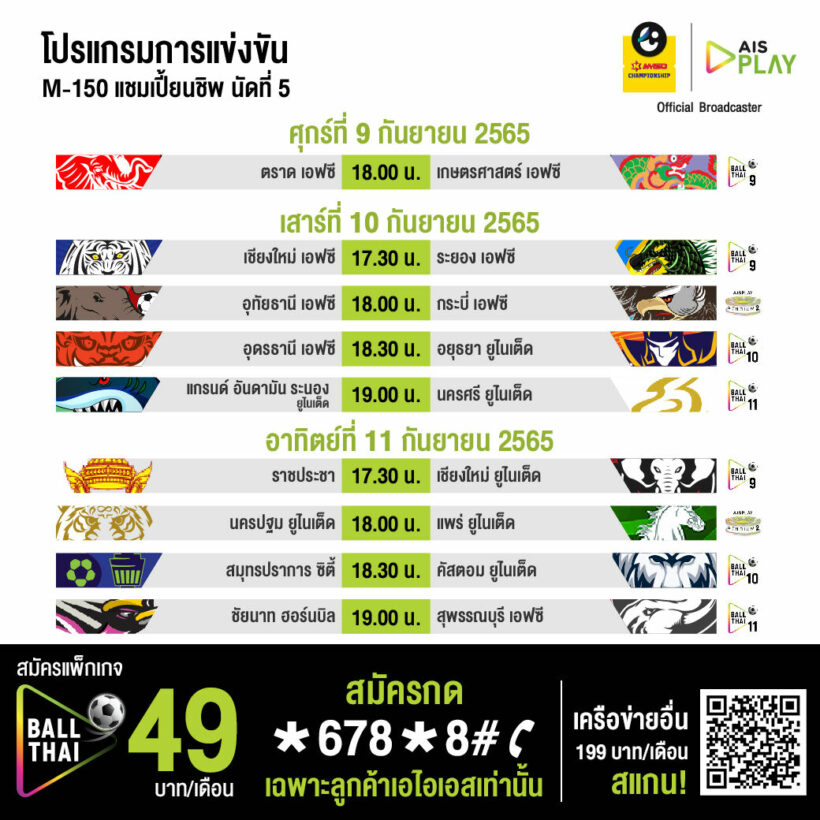 ตารางแข่งขัน ไทยลีก2 M-150 แชมเปี้ยนชิพ สัปดาห์ที่5