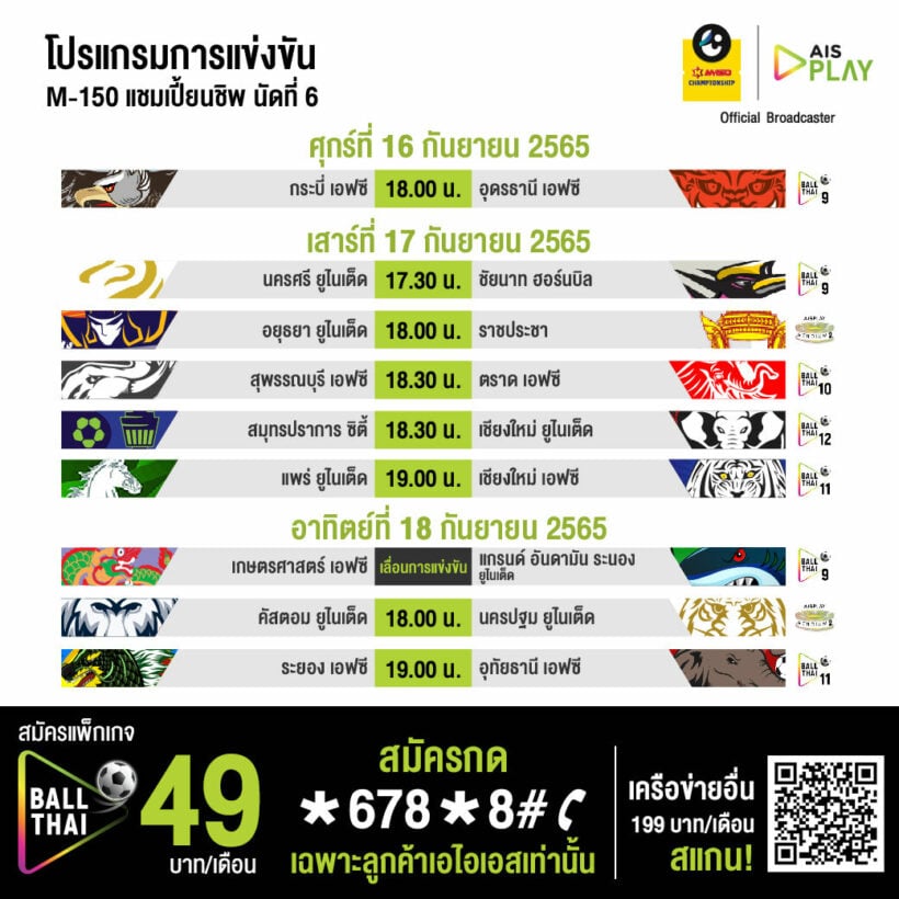 ตารางแข่งขัน ไทยลีก2 M-150 แชมเปี้ยนชิพ