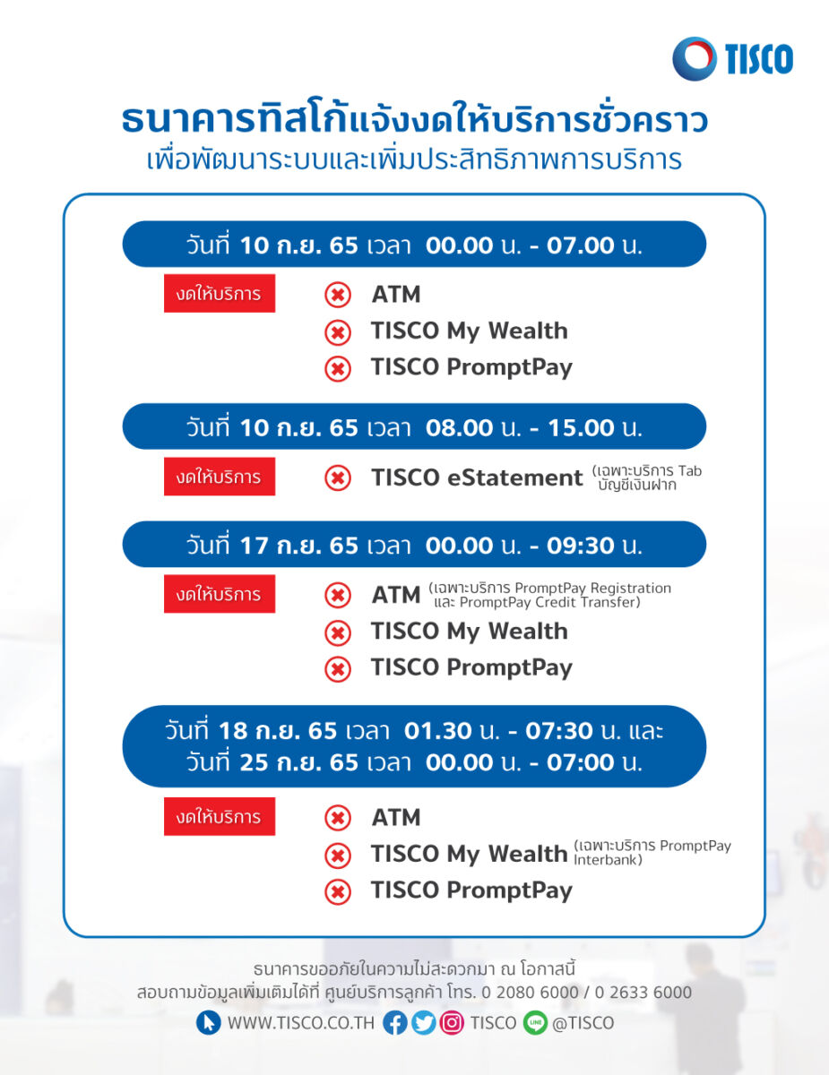 ธนาคารปิดปรับปรุง เดือนกันยายน 2565