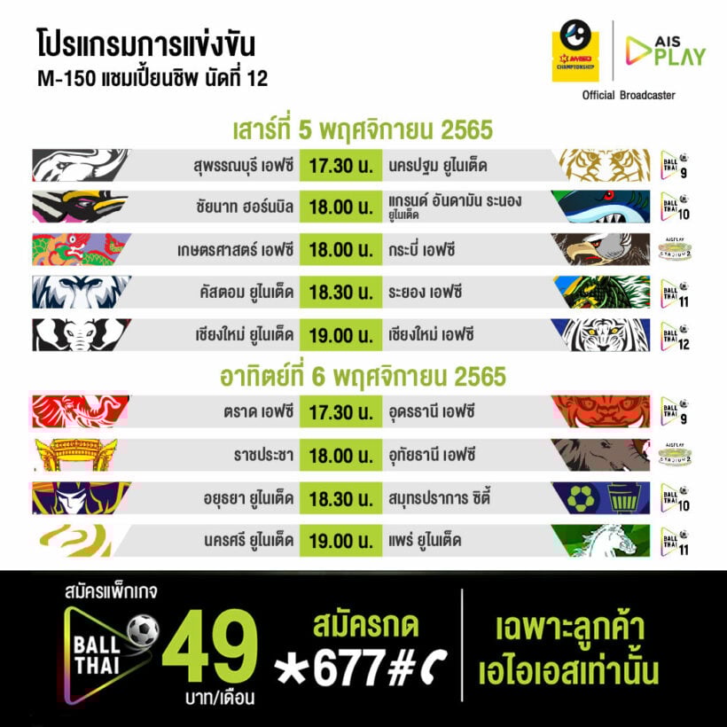 ตารางแข่งขัน ไทยลีก2 M-150 แชมเปี้ยนชิพ