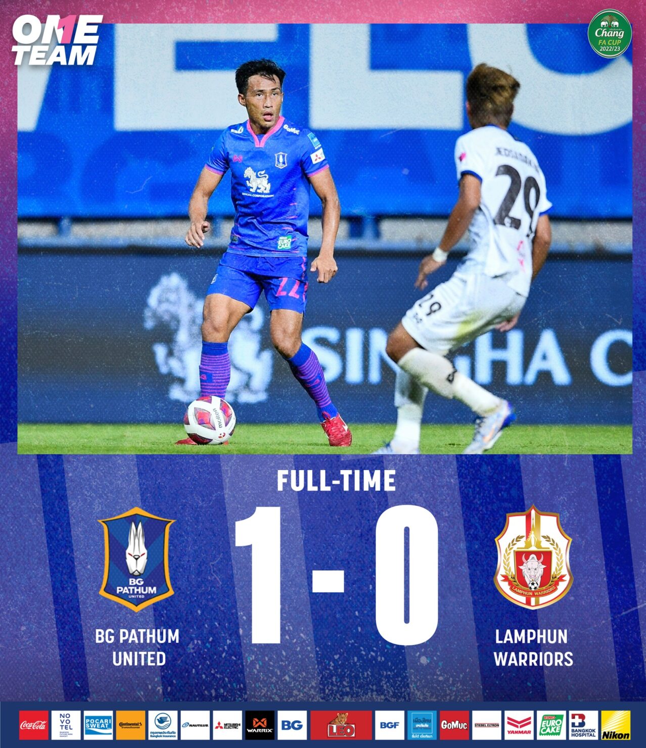 ผลบอลเมื่อคืนนี้ เอฟเอ คัพ บีจี ปทุม ลำพูน