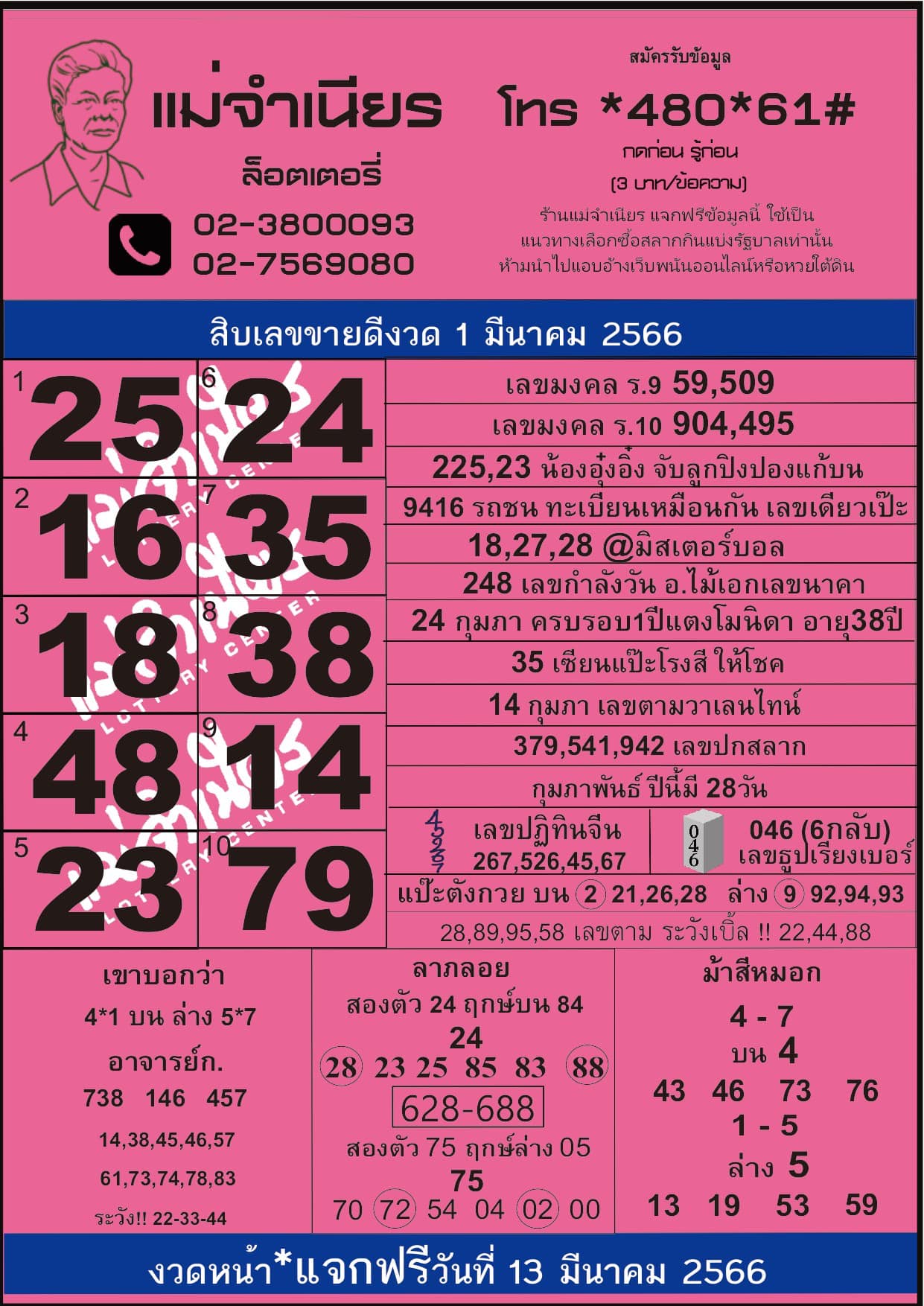 เลขขายดี แม่จำเนียร 1 3 66