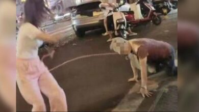 ล่ามโซ่แฟน จูงเดินเล่นบนถนน