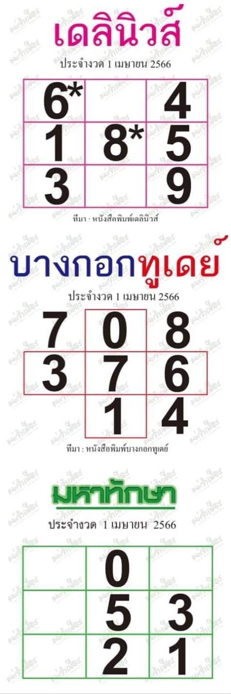 เทียบเลขเด็ด เดลินิวส์ บางกอกทูเดย์ มหาทักษา 1 4 66