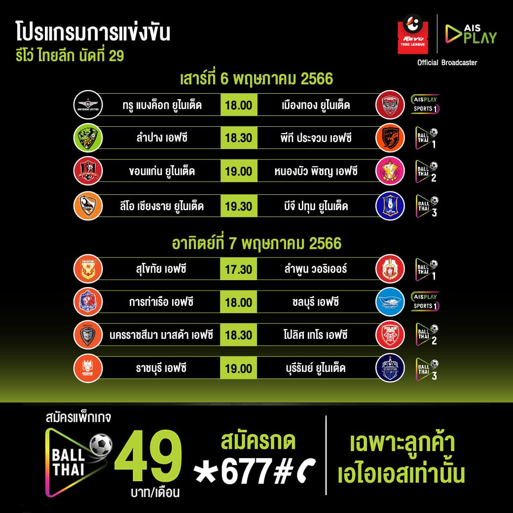 ตารางแข่งขัน รีโว่ ไทยลีก สัปดาห์ที่ 29