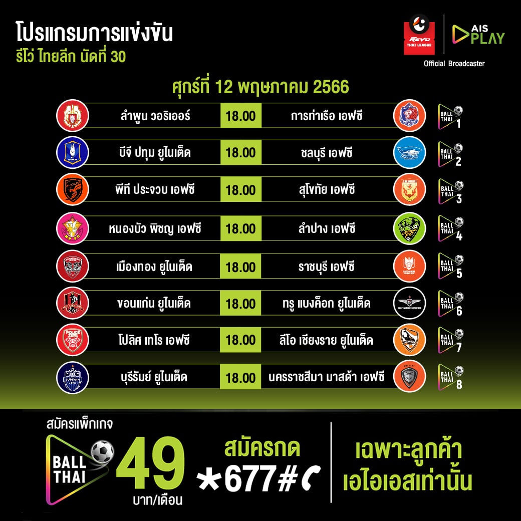 ตารางแข่งขัน รีโว่ ไทยลีก สัปดาห์ที่ 30