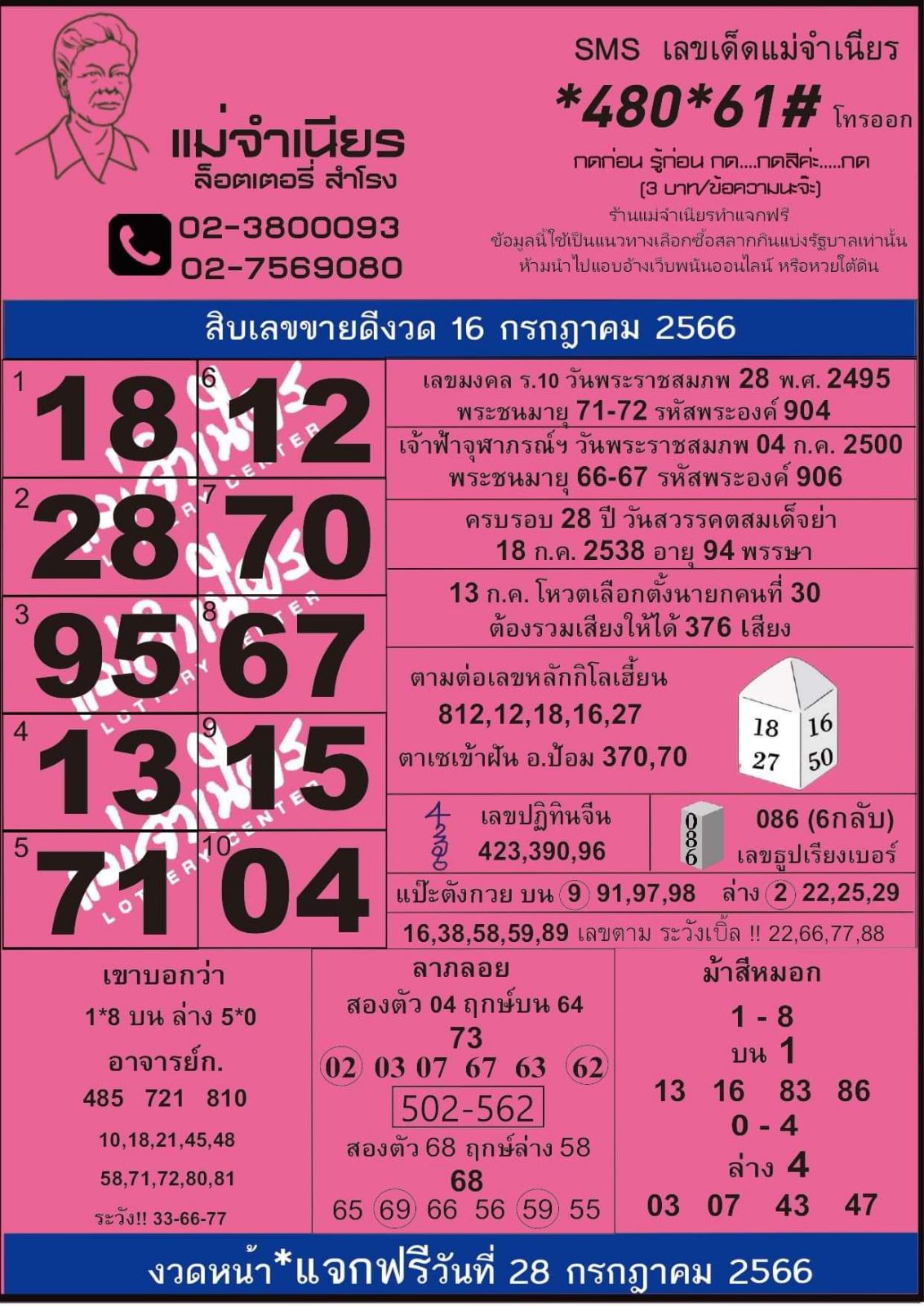 10 เลขขายดี แม่จำเนียร 16 กรกฎาคม 2566