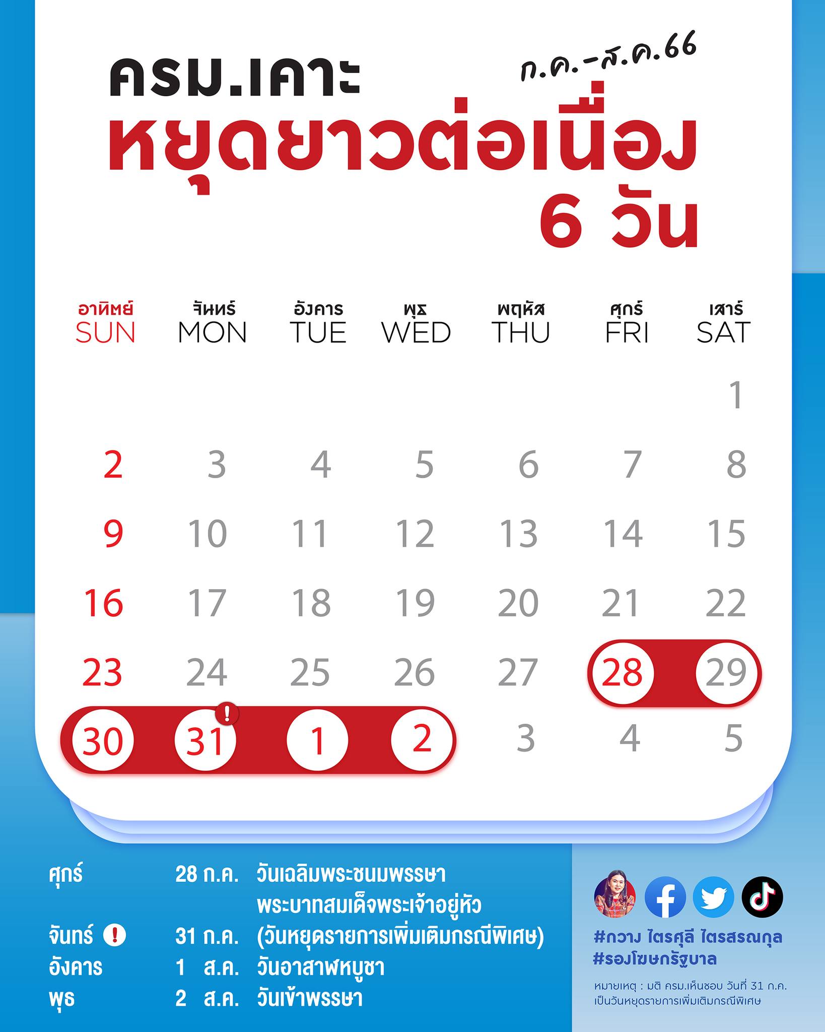 วันหยุดยาว 31 กรกฎาคม วันหยุดพิเศษ