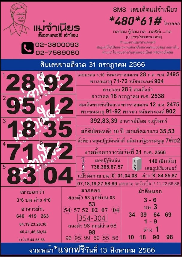รวม 10 เลขขายดี แม่จำเนียร 31 ก.ค. 66