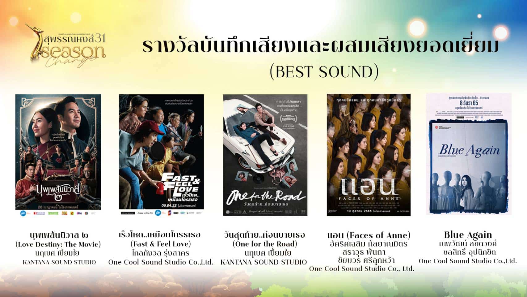 บันทึกเสียงและผสมเสียงยอดเยี่ยม สรุปผลรางวัลสุพรรณหงส์ ครั้งที่ 31