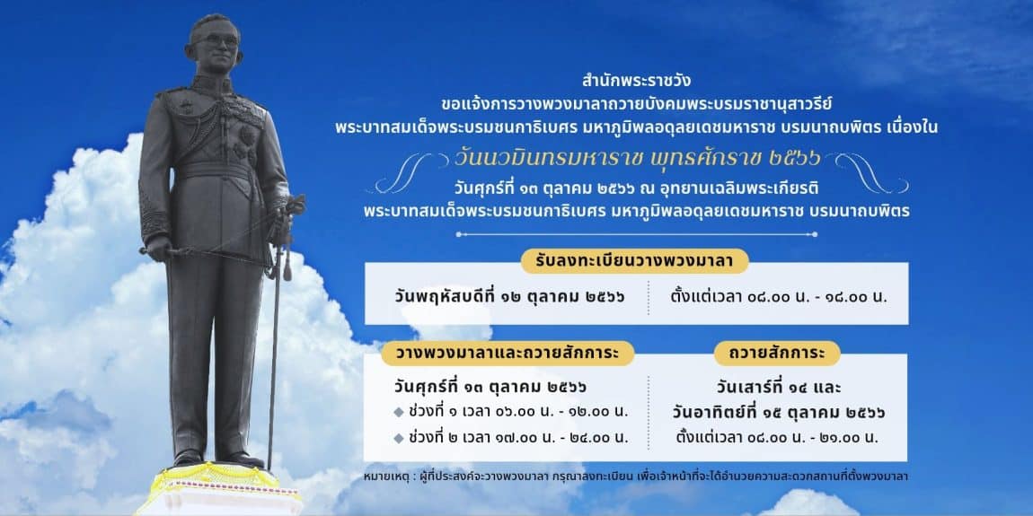 สำนักพระราชวัง แจ้งกำหนดการณ์วางพวงมาลา วันนวมินทรมหาราช ณ อุทยานเฉลิมพระเกียรติฯ