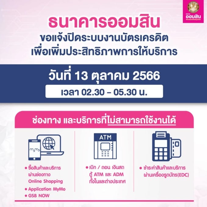 ออมสิน ธนาคาร ธนาคารปิดปรับปรุงระบบ ตุลาคม 2566