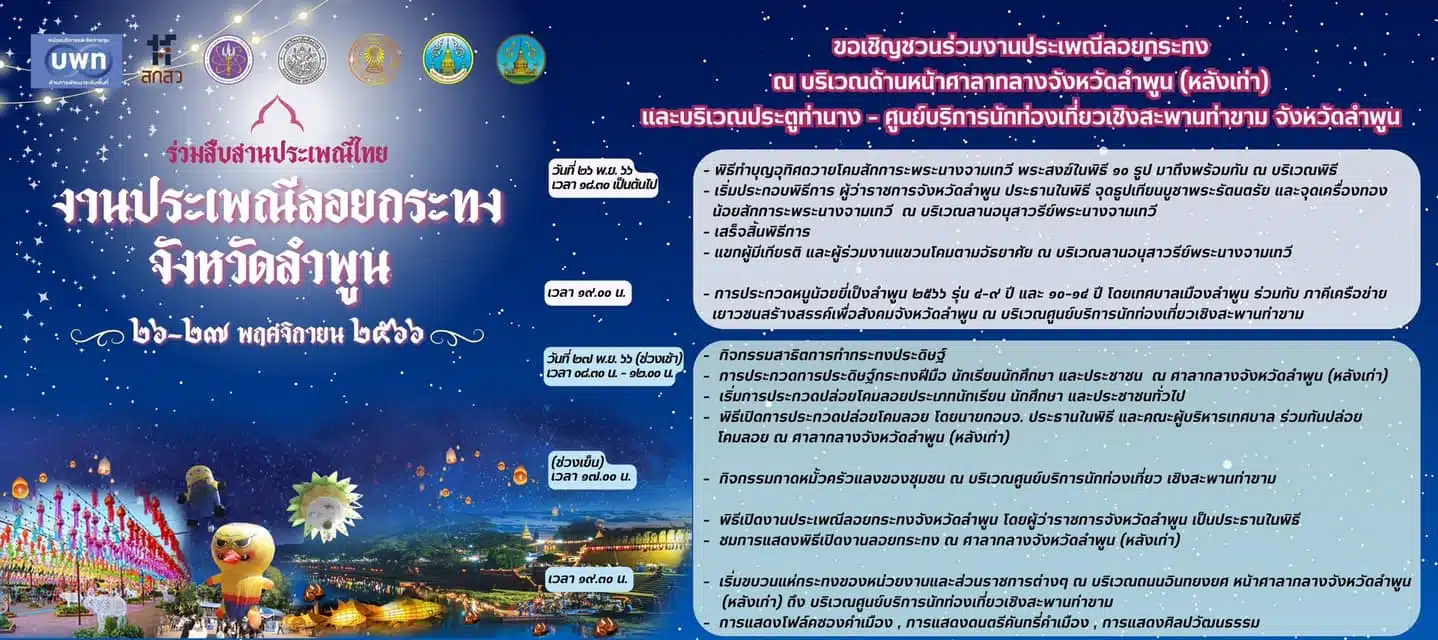กำหนดการประเพณีลอยกระทง จ.ลำพูน 2566
