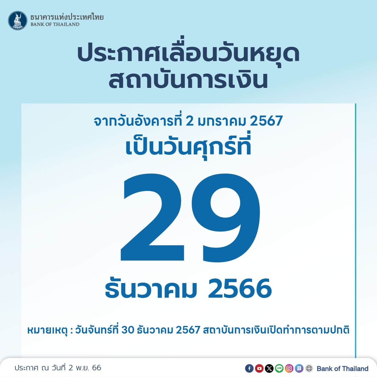ธนาคารแห่งประเทศไทย เลื่อนวันหยุดชดเชย