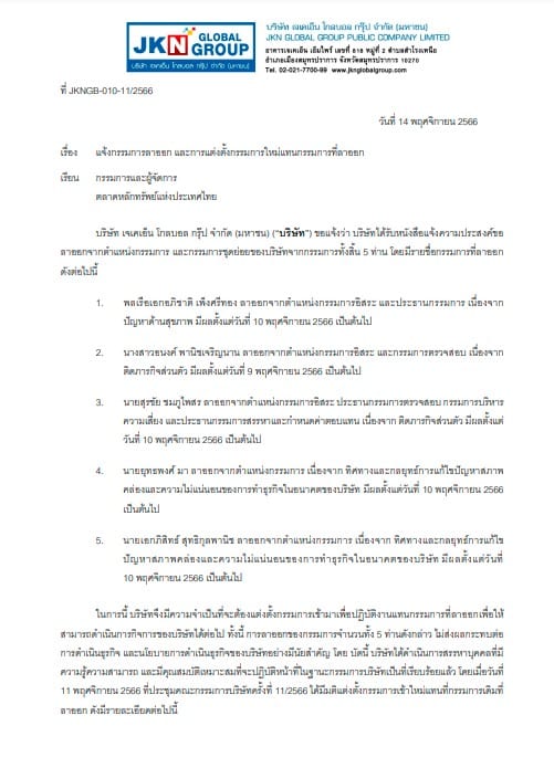 บอร์ดบริหาร JKN ประกาศลาออก 5 คน