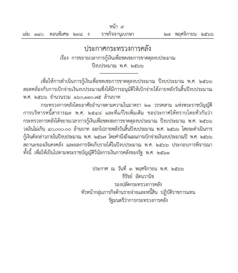 ราชกิจจานุเบกษา ประกาศขยายเวลากู้เงิน งบประมาณปี 2566