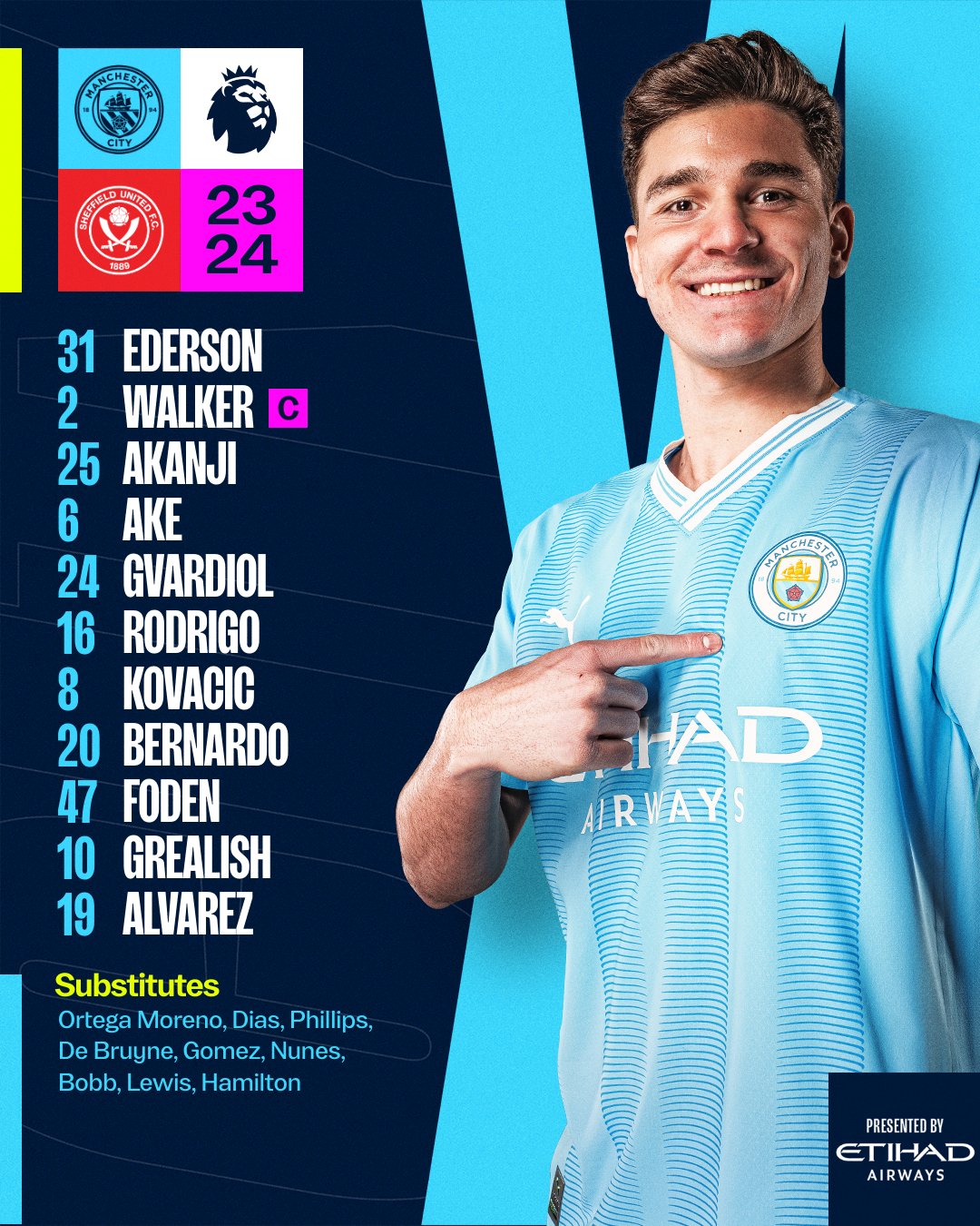 11 ตัวจริง แมนซิตี้ เชฟฯ ยูไนเต็ด