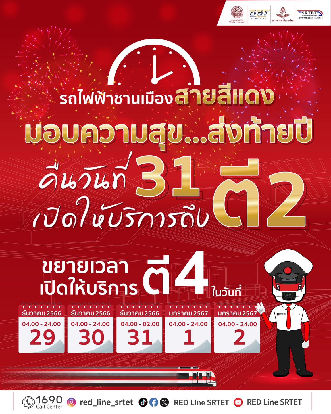 รถไฟฟ้าสายสีแดง ปีใหม่ เปิดปิดกี่โมง