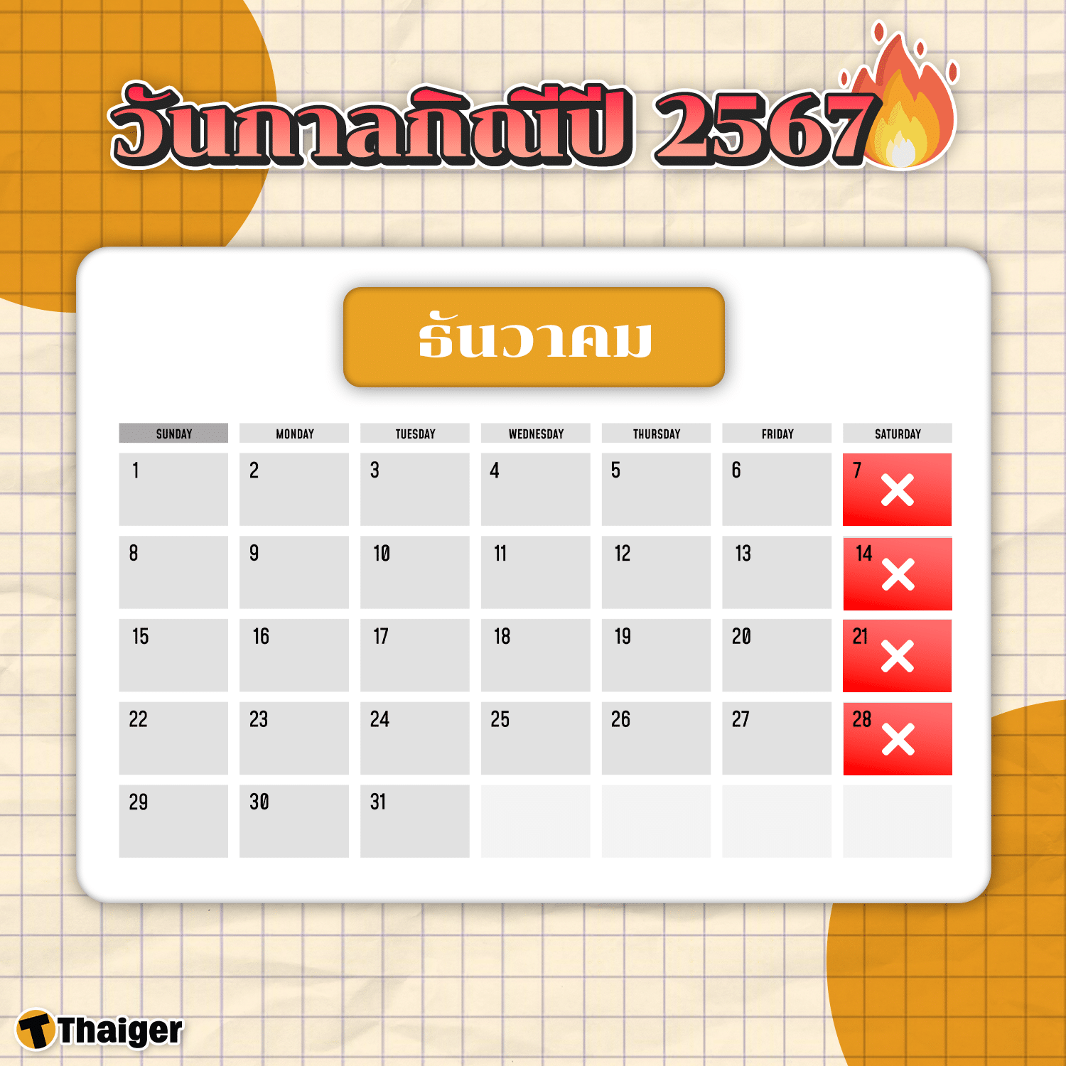 วันกาลกิณีเดือนธันวาคม 2567