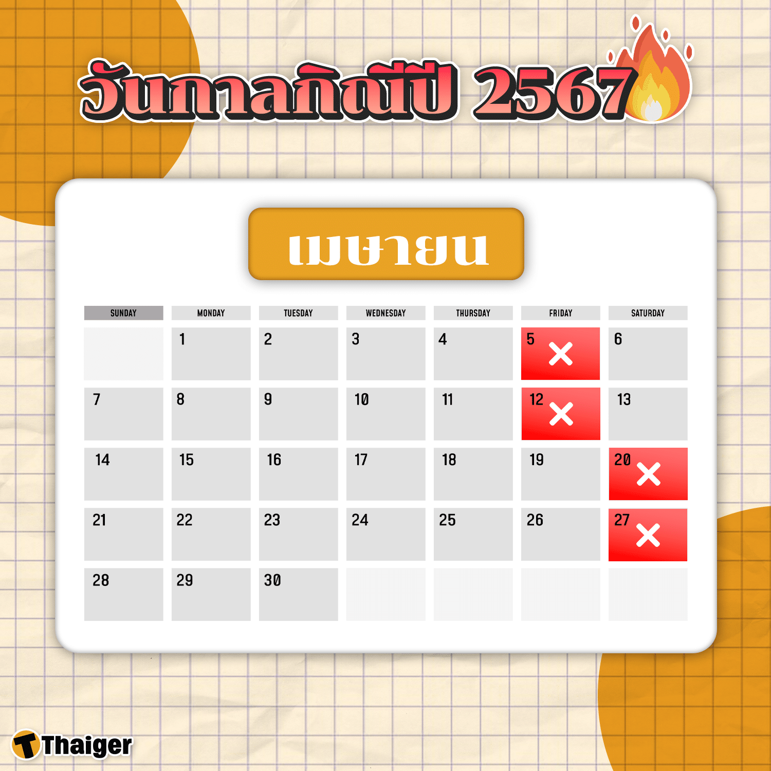 วันกาลกิณีเดือนเมษายน 2567