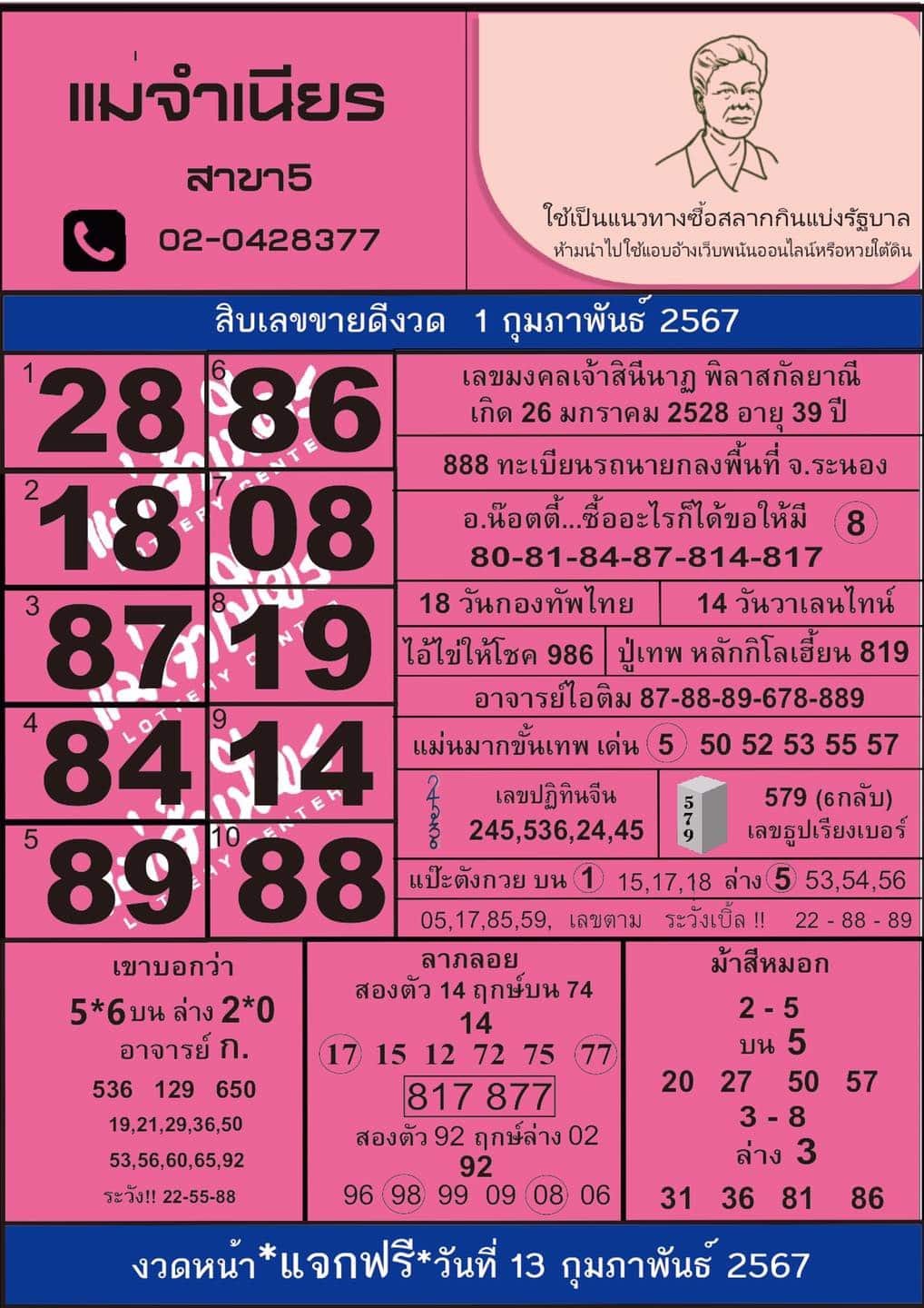 หวยแม่จำเนียร 1 กุมภาพันธ์ 2567