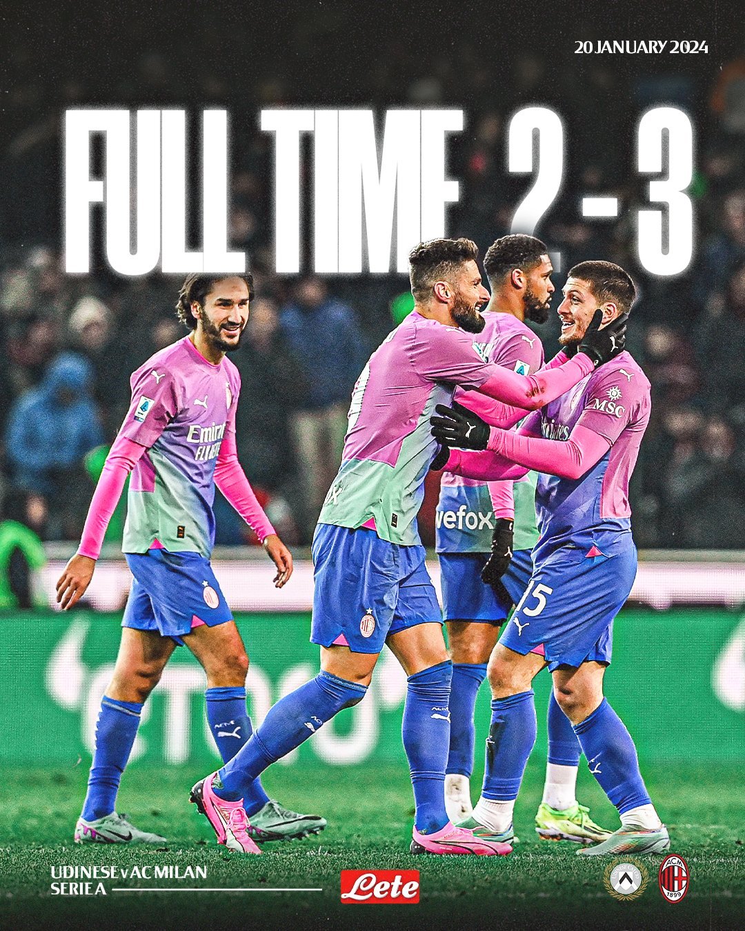 ผลบอลเมื่อคืนนี้ กัลโช่ อูดิเนเซ่ มิลาน