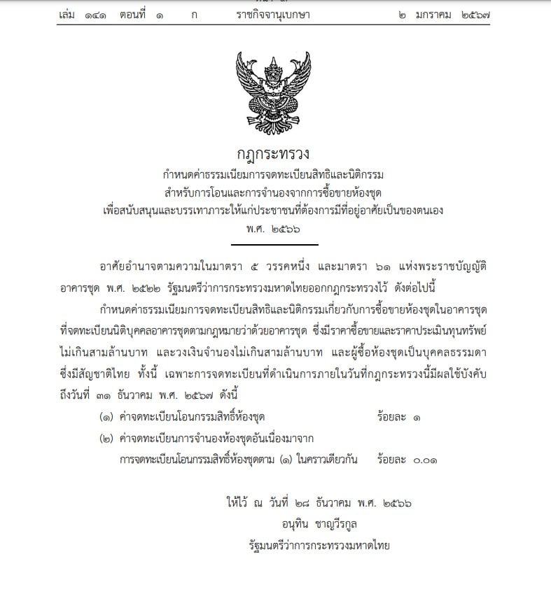 กำหนดค่าธรรมเนียมโอน-จำนองห้องชุด 2567