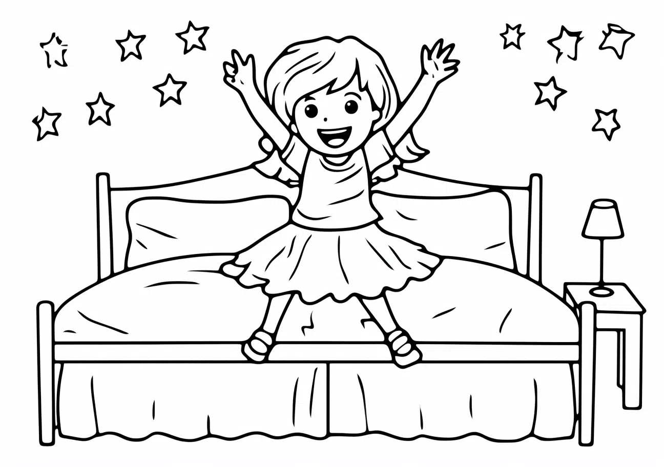 ภาพวาดระบายสี วันเด็ก กระโดดบนเตียง