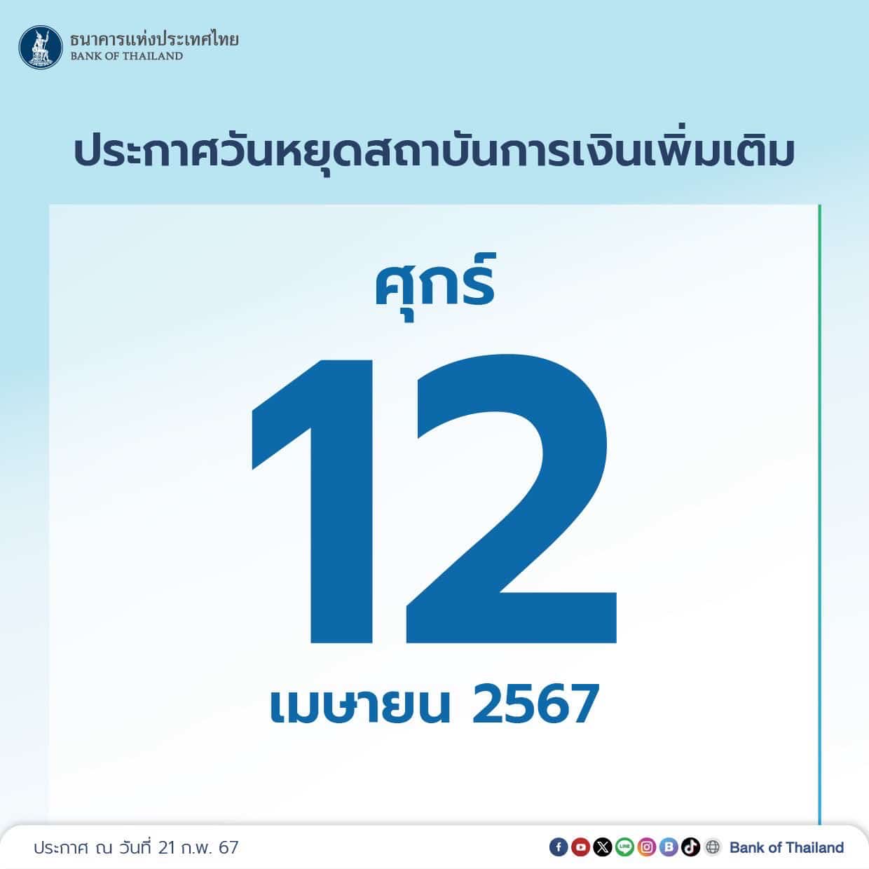 ธนาคารแห่งประเทศไทย 12 เมษายน 2567 วันหยุดพิเศษ