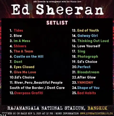 เพลงคอนเสิร์ต เอ็ด ชีแรน 10 ก.พ. 67