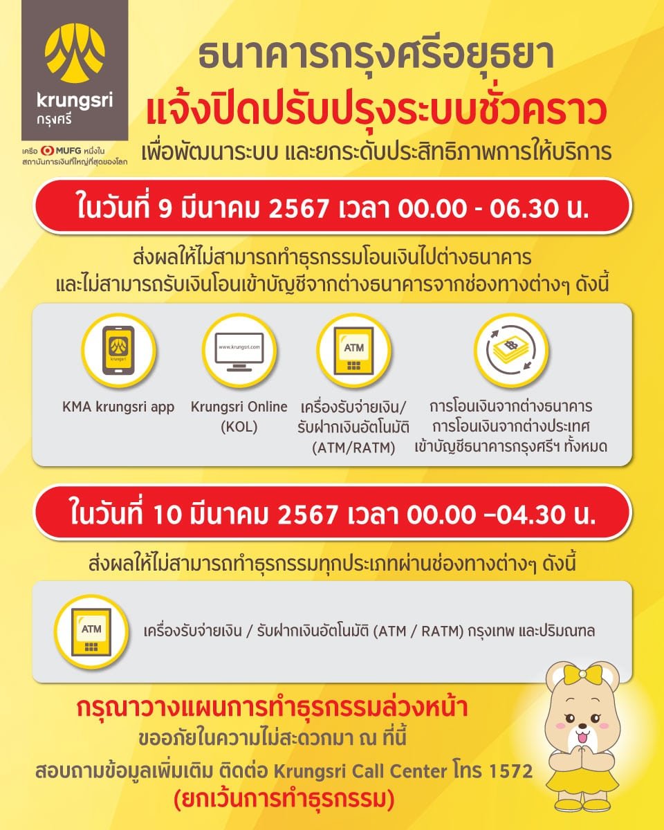 ธนาคารกรุงศรีอยุธยา ปิดปรับปรุงระบบ มีนาคม 2567