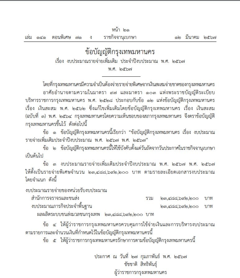 กทม จ่ายหนี้ บีทีเอส 2567