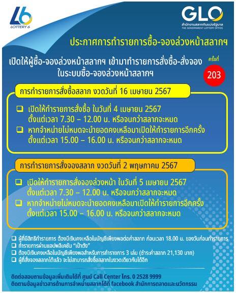 ประกาศจองซื้อสลากงวด 16 เมษายน 2567