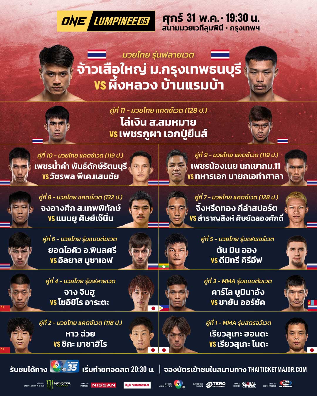 ดูมวยสด ONE ลุมพินี 65 จ้าวเสือใหญ่ ผึ้งหลวง