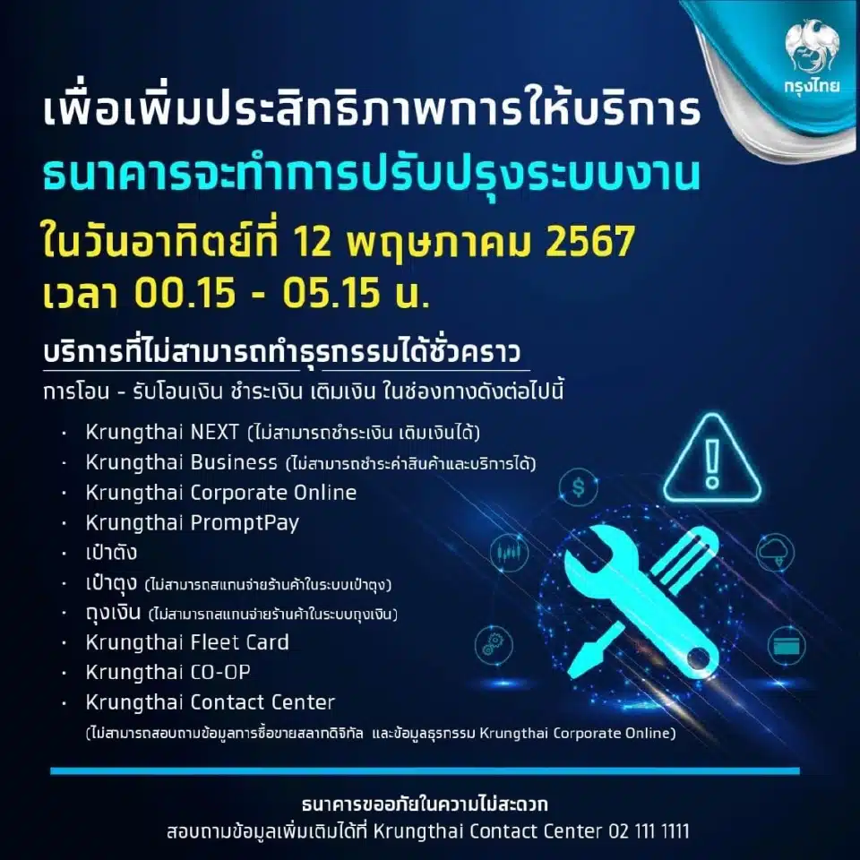 ธนาคารกรุงไทย ปิดปรับปรุงระบบ โอนเงินไม่ได้
