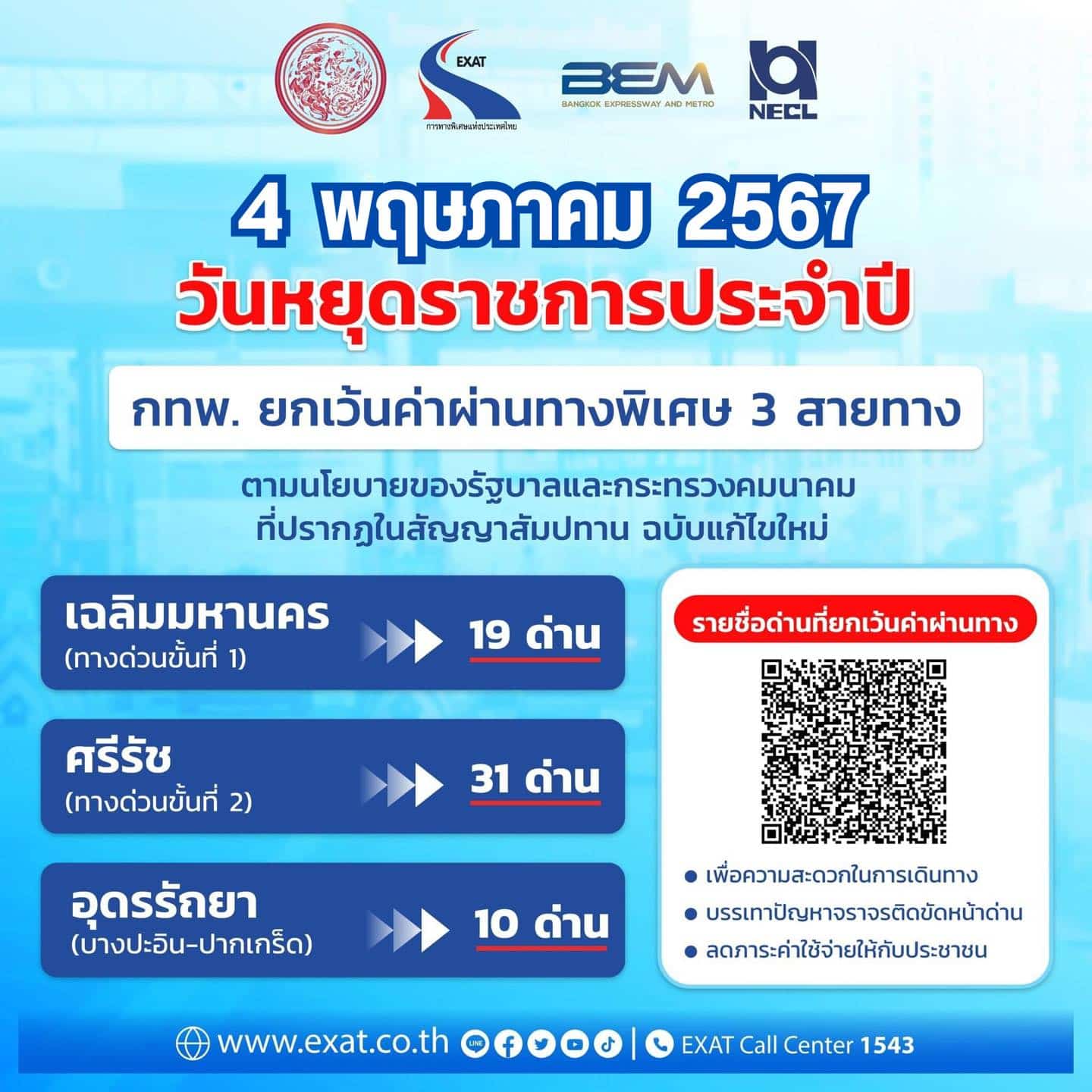 4 พฤษภาคม 2567 วันฉัตรมงคล ประจำปี ขึ้นทางด่วนฟรีกี่สายเช็กแผนที่