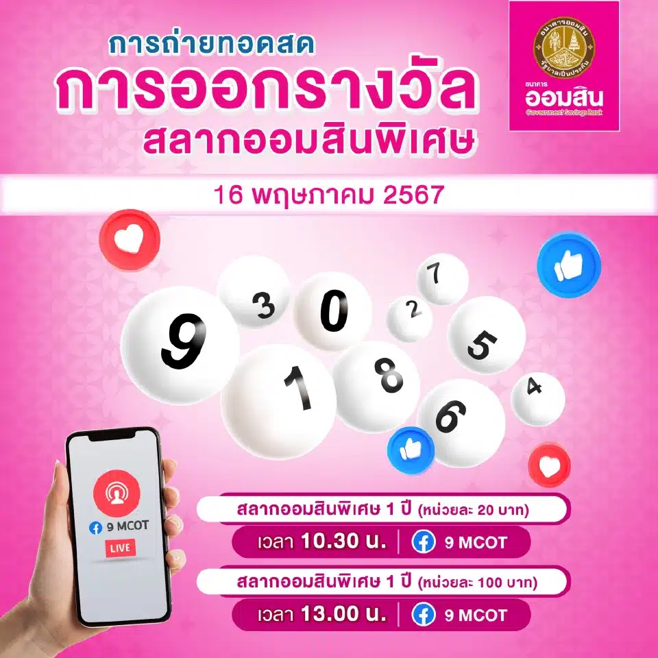 ถ่ายทอดสดออกรางวัลสลากออมสินพิเศษ 1 ปี 16 พ.ค. 2567