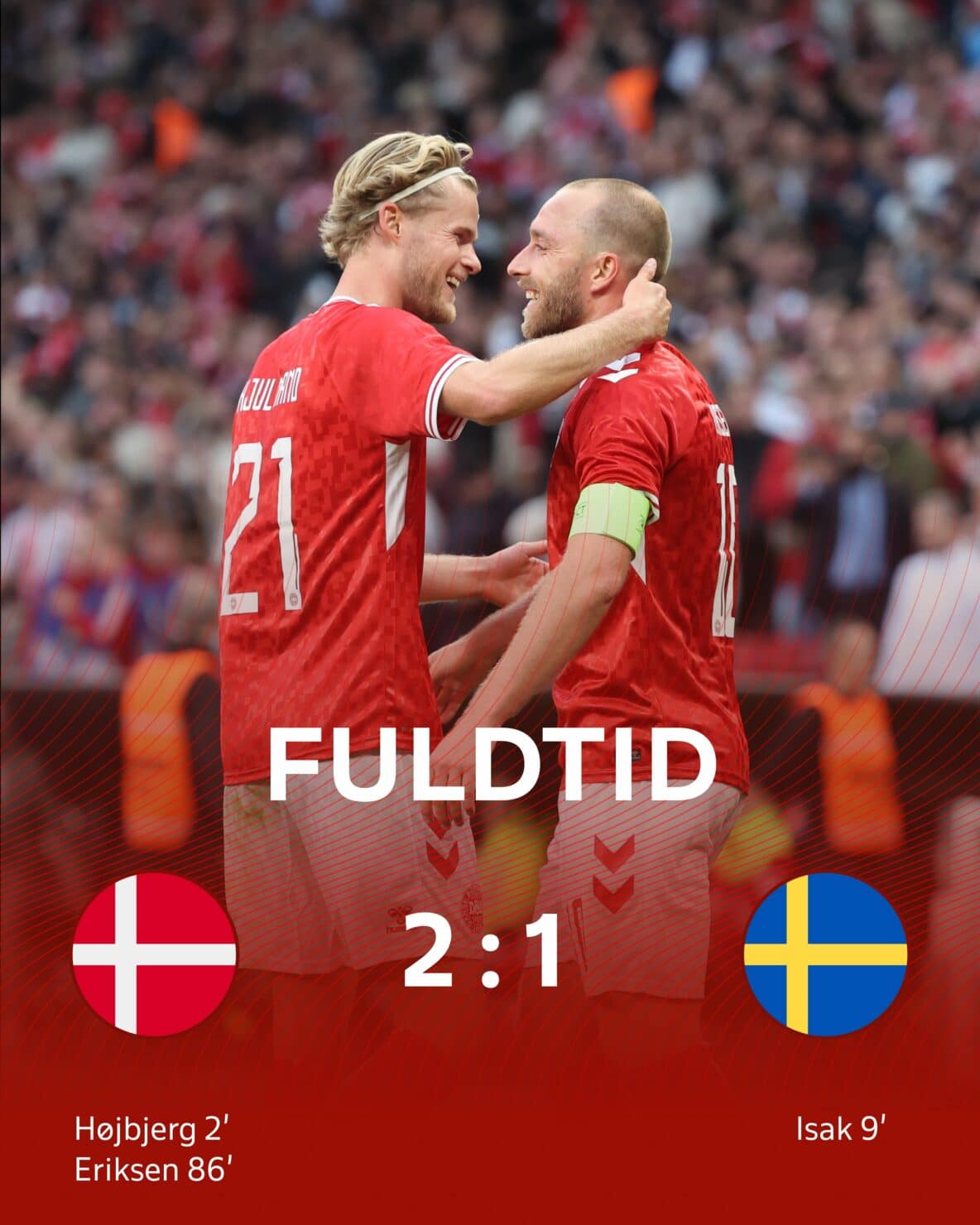 ผลบอลเมื่อคืนนี้ ฟุตบอลอุ่นเครื่องทีมชาติ เดนมาร์ก สวีเดน