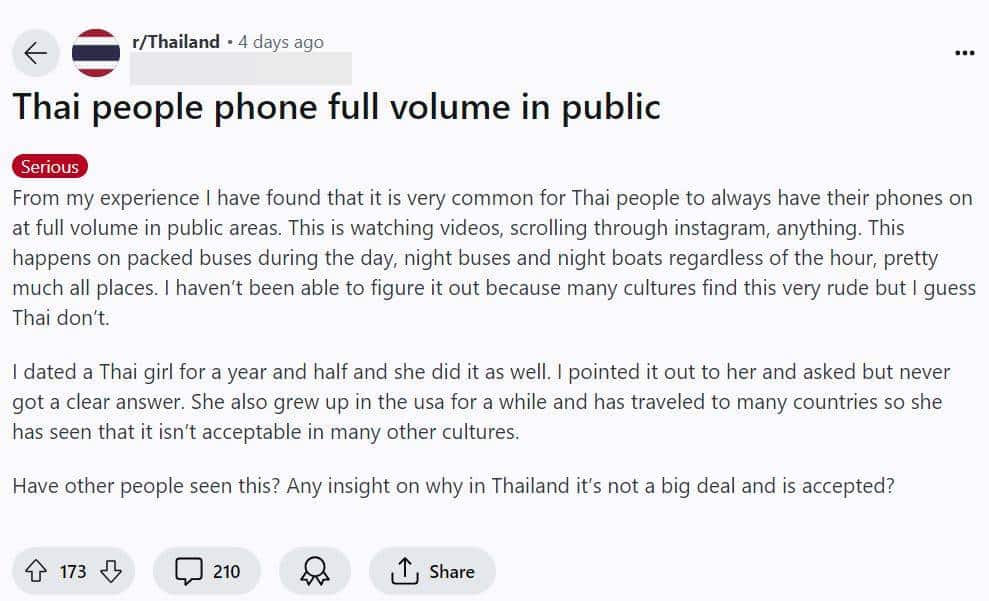 ข่าวจาก reddit ถามทำไมคนไทยชอบเปิดมือถือเสียงดัง