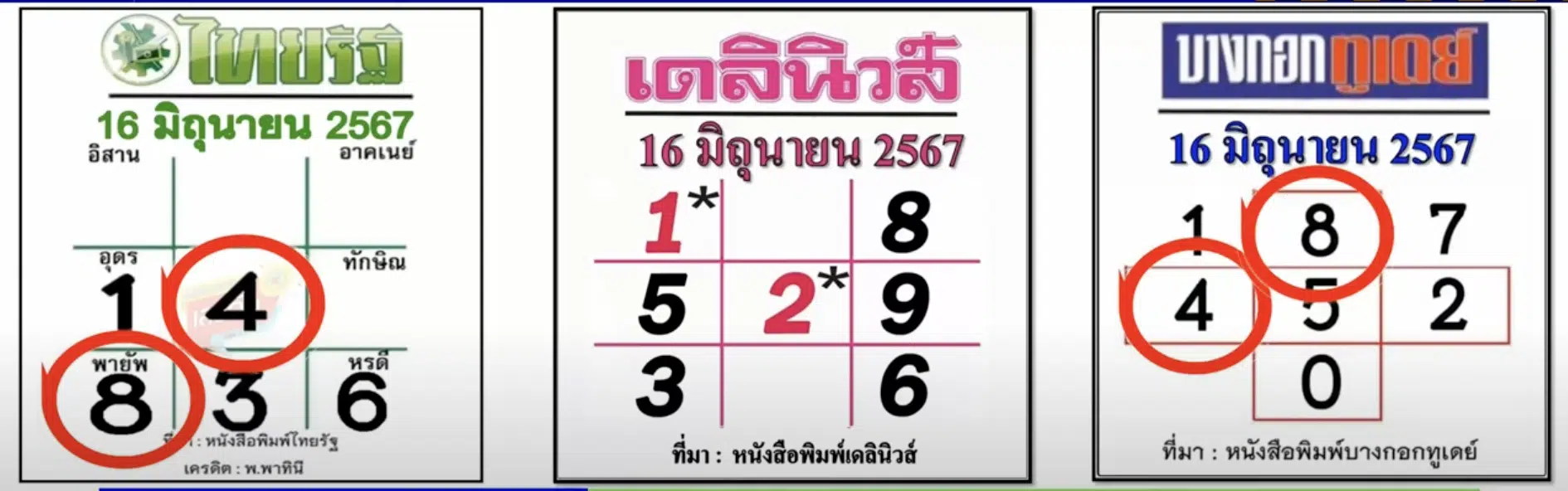 หวยไทยรัฐ เดลินิวส์ บางกอกทูเดย์ 16 มิถุนายน 2567